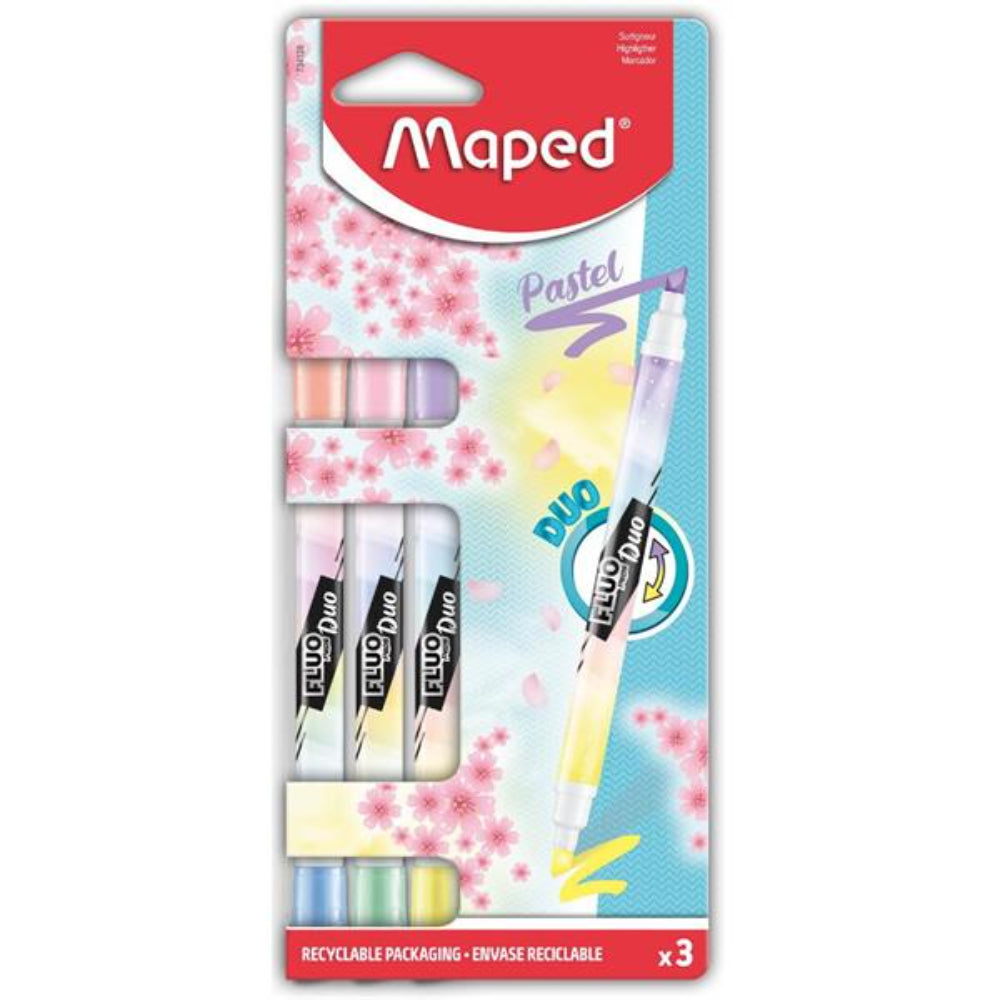Maped Fluo Duo Tip Highlighter Pens - Pastel - Pack of 3-Highlighters-Maped|StationeryShop.co.uk