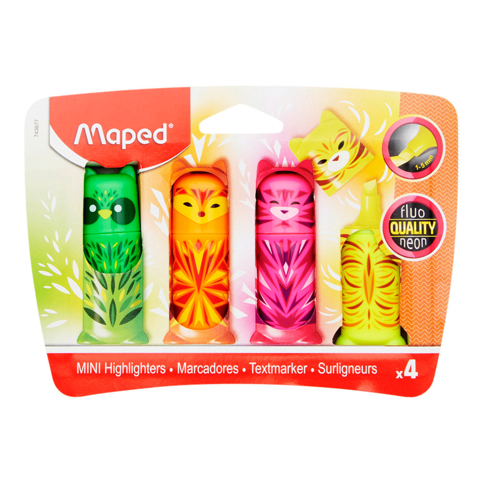 Maped Fluo'peps Mini Friends Pocket Highlighters - Pack of 4-Highlighters-Maped|StationeryShop.co.uk