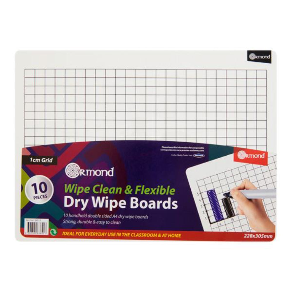 Ormond Dry Wipe Boards - 1cm Grid for Maths - 228x305mm - Pack of 10 | Stationery Shop UK