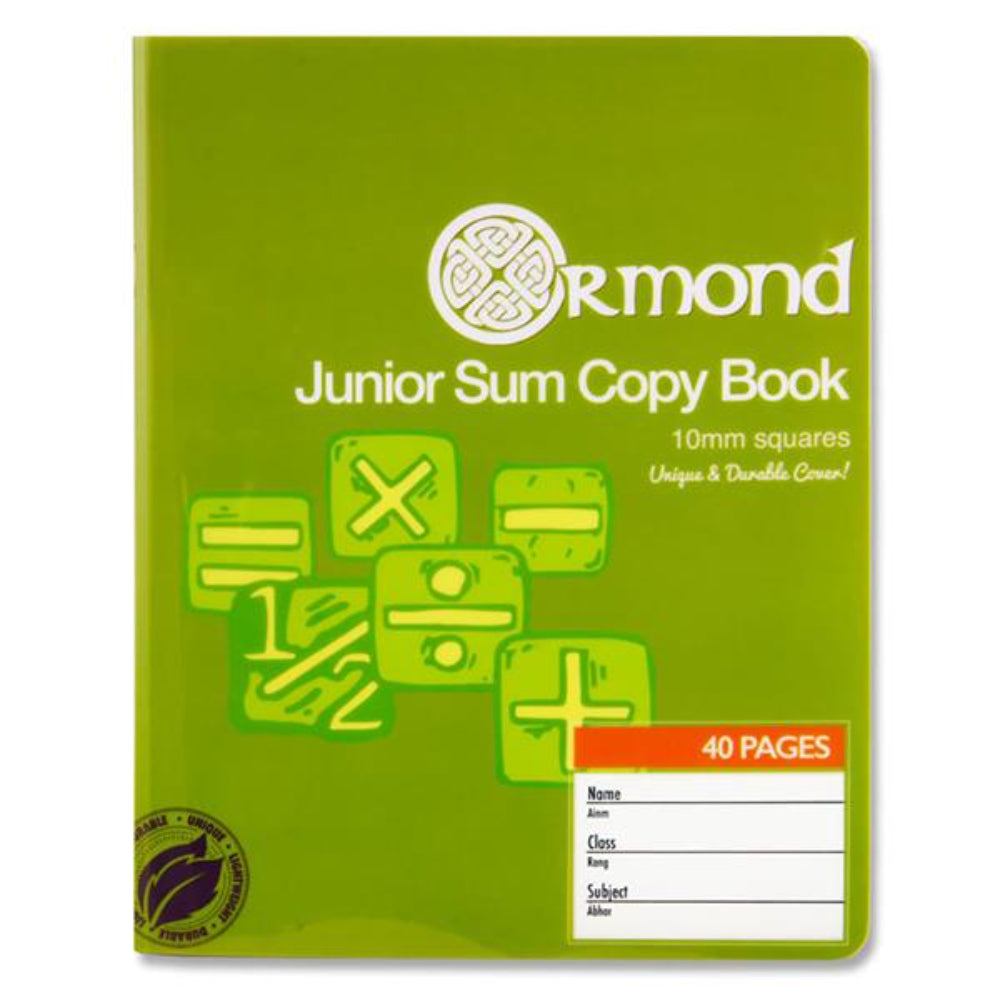 Ormond Squared Paper Durable Cover Junior Sum Copy Book - 10mm Squares - 40 Pages - Green | Stationery Shop UK