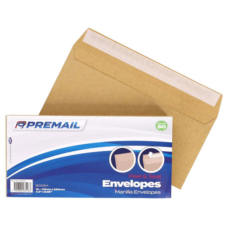 Premail DL Peel & Seal Envelopes - 110 x 220mm - Manilla - Pack of 50