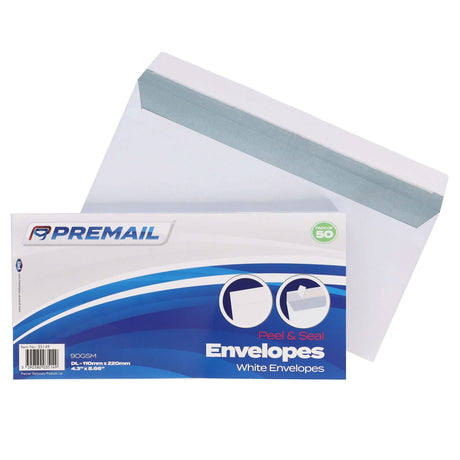 Premail DL Peel & Seal Envelopes - 110 x 220mm - White - Pack of 50 | Stationery Shop UK