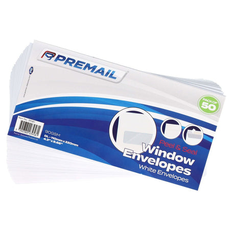 Premail DL Peel & Seal Window Envelopes - White - Pack of 50