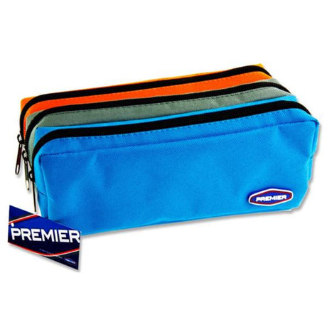 Premier 3 Pocket Pencil Case with Zip - Grey, Light Blue & Orange | Stationery Shop UK