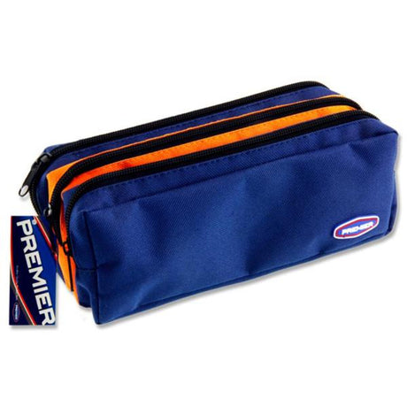Premier 3 Pocket Pencil Case with Zip - Navy Blue & Orange-Pencil Cases-Premier|StationeryShop.co.uk