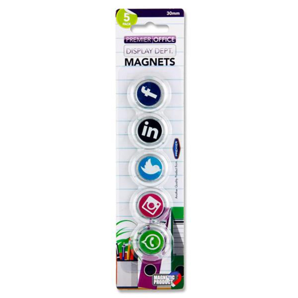 Premier Office 30mm Round Magnets - Social Media Icons - Pack of 5 | Stationery Shop UK