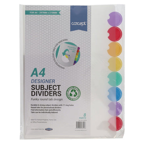 Premier Office A4 Designer Subject Dividers - Round Tab Design - 8 Tabs