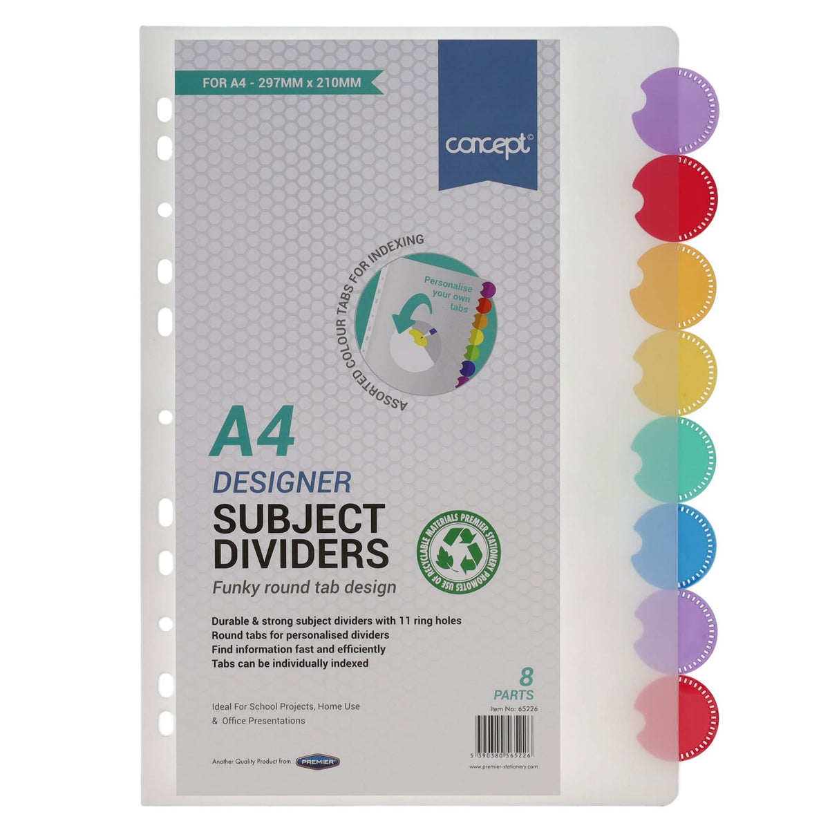 Premier Office A4 Designer Subject Dividers - Round Tab Design - 8 Tabs | Stationery Shop UK