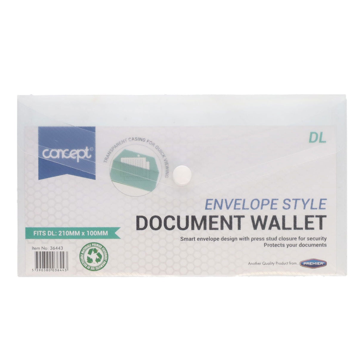 Premier Office DL Envelope-Style Document Wallet with Button - Clear White-Document Folders & Wallets-Premier Office|StationeryShop.co.uk