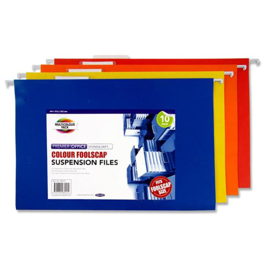 Premier Office Foolscap Suspension Files - Coloured - Pack of 10 | Stationery Shop UK