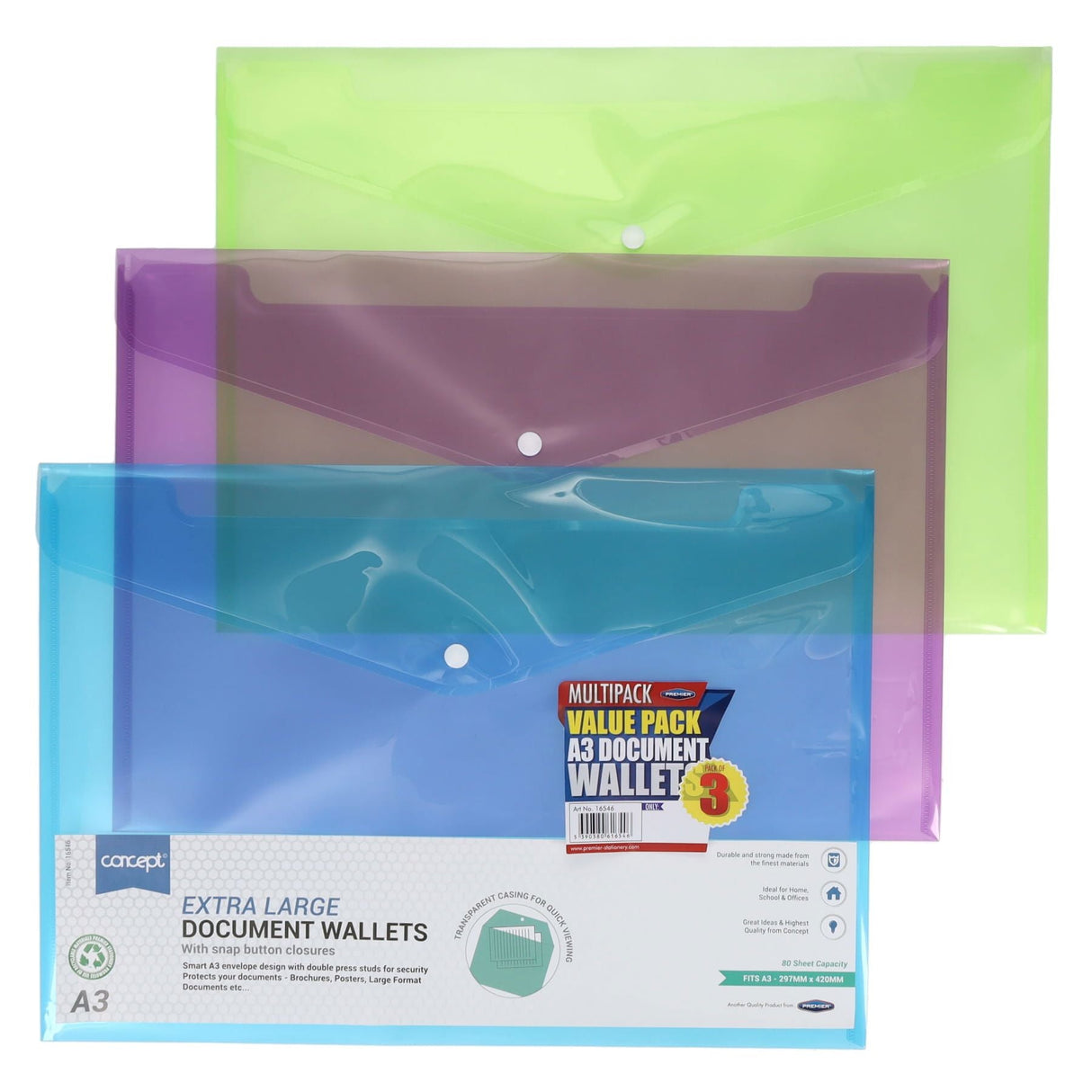 Premier Office Multipack | A3 Document Wallets - Clear - Pack of 3 | Stationery Shop UK