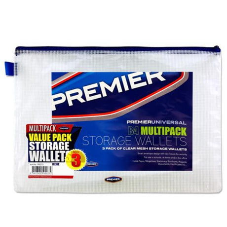 Premier Universal Multipack | B4 Durable Mesh Wallets with Zip - Clear - Pack of 3 | Stationery Shop UK