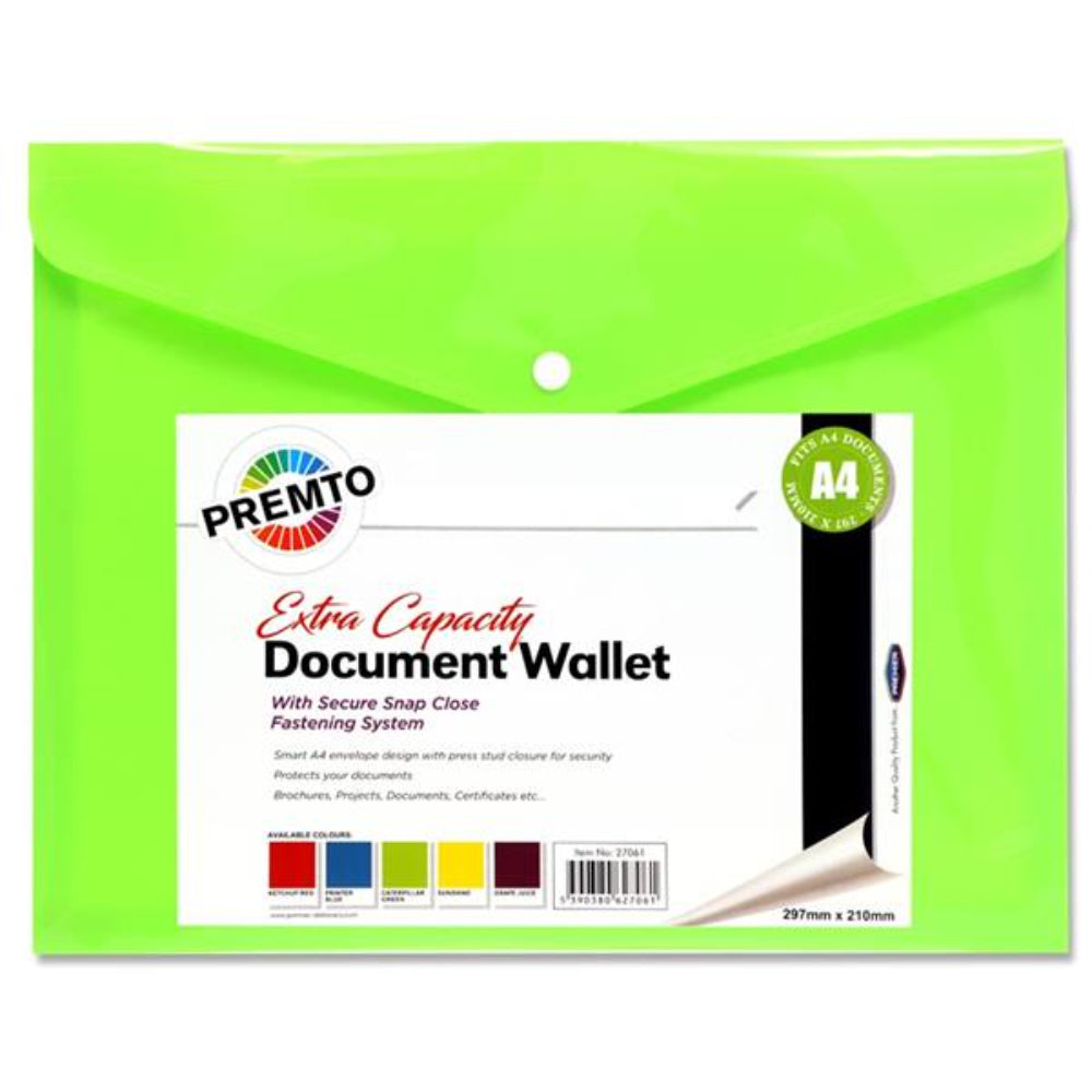 Premto A4 Extra Capacity Document Wallet with Button Closure - Caterpillar Green-Document Folders & Wallets-Premto|StationeryShop.co.uk