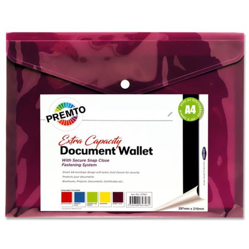 Premto A4 Extra Capacity Document Wallet with Button Closure - Grape Juice | Stationery Shop UK