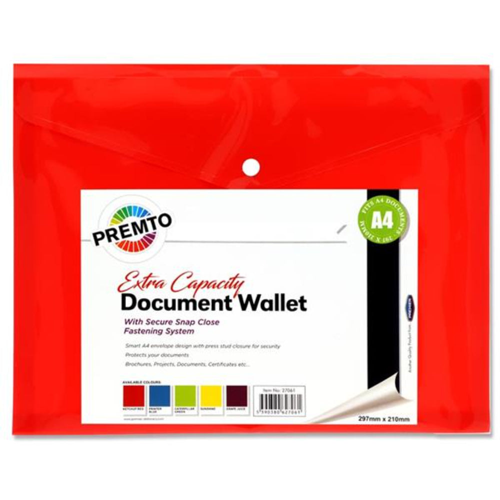 Premto A4 Extra Capacity Document Wallet with Button Closure - Ketchup Red | Stationery Shop UK