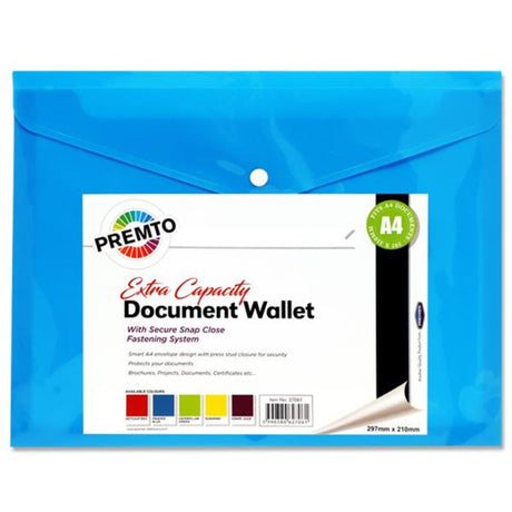 Premto A4 Extra Capacity Document Wallet with Button Closure - Printer Blue | Stationery Shop UK