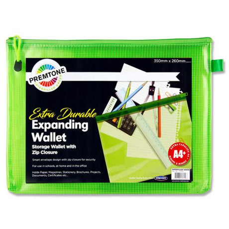 Premto A4+ Extra Durable Expanding Mesh Wallet with Zip - Caterpillar Green-Mesh Wallet Bags-Premto|StationeryShop.co.uk