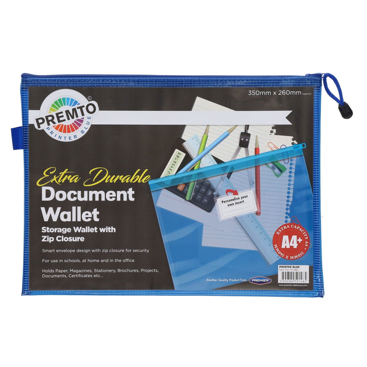 Premto A4+ Extra Durable Expanding Mesh Wallet with Zip - Printer Blue | Stationery Shop UK