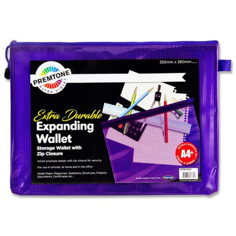 Premto A4+ Extra Durable Expanding Mesh Wallet with Zip - Ultraviolet | Stationery Shop UK
