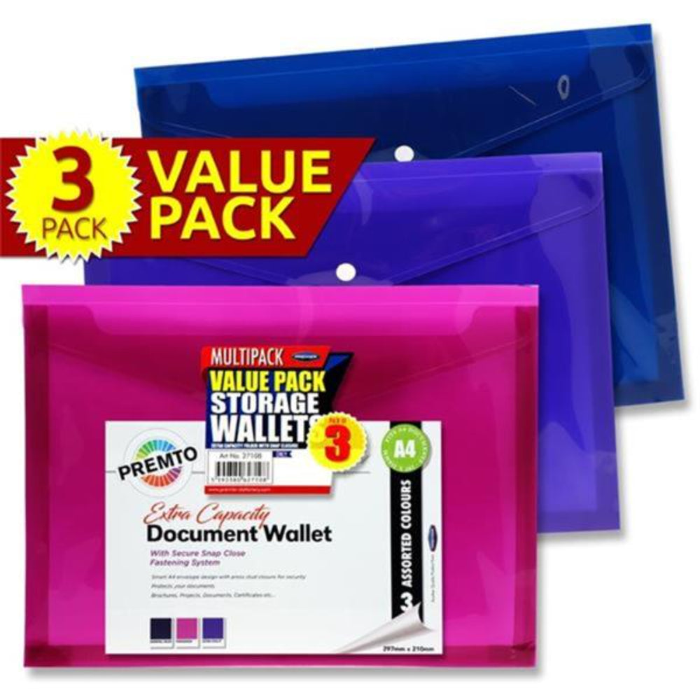 Premto A4 Multipack | Extra Capacity Document Wallet - Series 2 - Pack of 3 | Stationery Shop UK