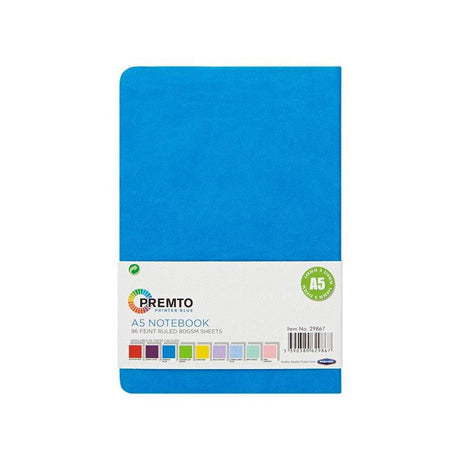 Premto A5 PU Leather Hardcover Notebook - 192 Pages - Printer Blue | Stationery Shop UK