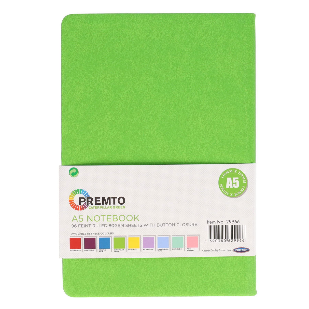Premto A5 PU Leather Hardcover Notebook with Elastic Closure - 192 Pages - Caterpillar Green | Stationery Shop UK