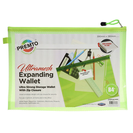 Premto B4+ Ultramesh Expanding Wallet with Zip - Caterpillar Green | Stationery Shop UK