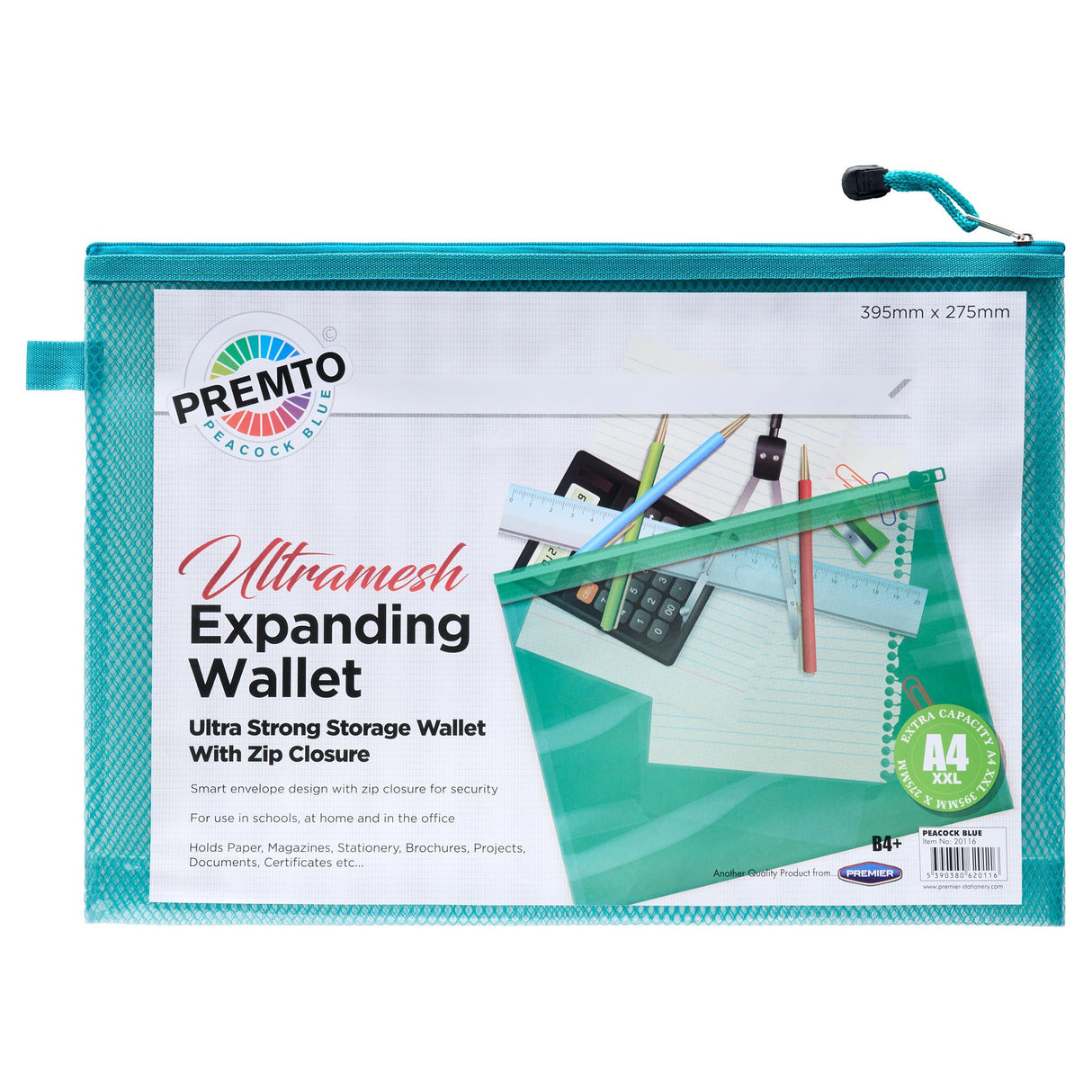 Premto B4+ Ultramesh Expanding Wallet with Zip - Peacock Blue-Mesh Wallet Bags-Premto|StationeryShop.co.uk