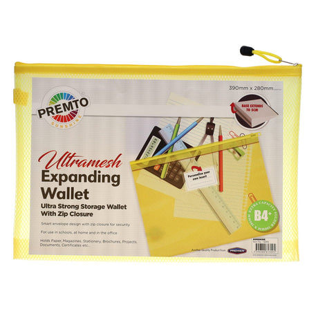 Premto B4+ Ultramesh Expanding Wallet with Zip - Sunshine Yellow-Mesh Wallet Bags-Premto|StationeryShop.co.uk
