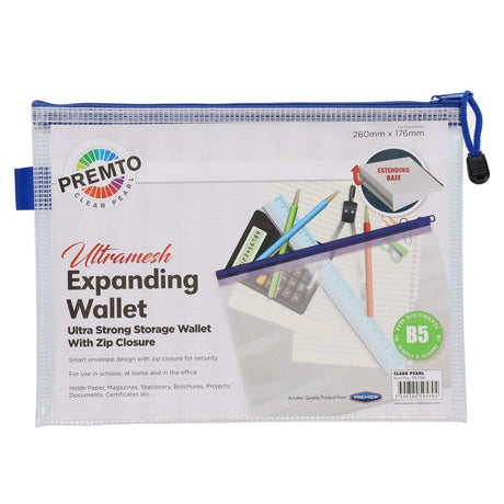 Premto B5 Extra Durable Expanding Mesh Wallet - Clear Pearl | Stationery Shop UK