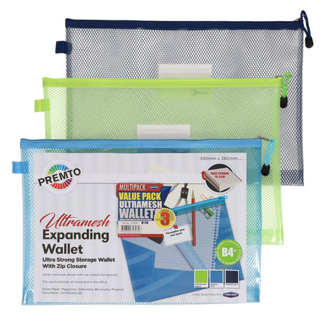Premto Multipack | B4+ Ultramesh Expanding Wallet with Zip - Pack of 3 | Stationery Shop UK