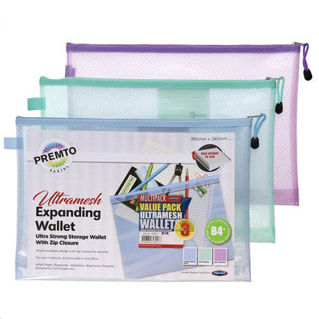 Premto Multipack | B4+ Ultramesh Expanding Wallet with Zip - Pastel - Pack of 3 | Stationery Shop UK