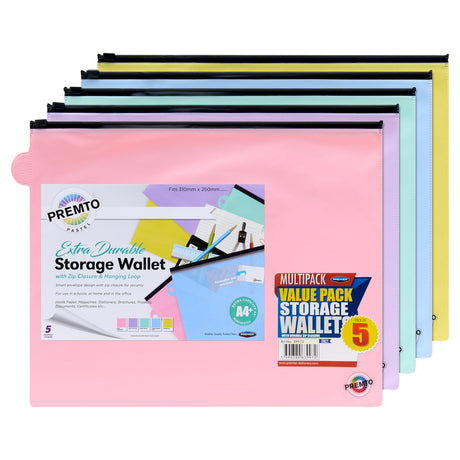 Premto Multipack| Extra Durable Storage Pvc Wallet - A4+ Pack of 5 Pastel | Stationery Shop UK