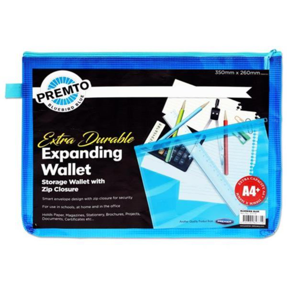 Premto Neon A4+ Extra Durable Mesh Wallet with Zip - Bluebird Blue | Stationery Shop UK