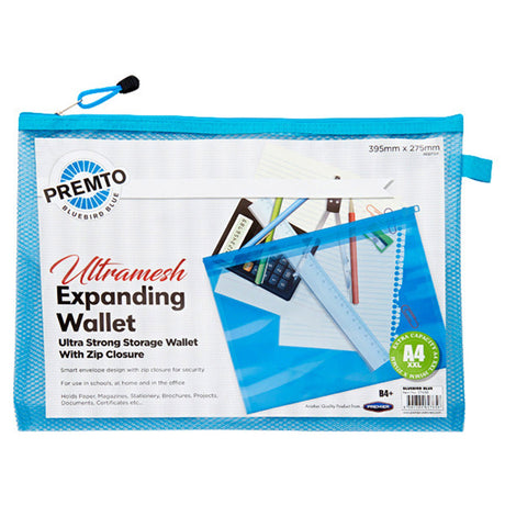Premto Neon B4+ Ultramesh Expanding Wallet with Zip - Bluebird Blue-Mesh Wallet Bags-Premto|StationeryShop.co.uk