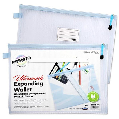 Premto Pastel B4+ Ultramesh Expanding Wallet with Zip - Cornflower Blue-Mesh Wallet Bags-Premto|StationeryShop.co.uk
