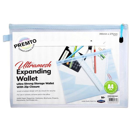 Premto Pastel B4+ Ultramesh Expanding Wallet with Zip - Cornflower Blue-Mesh Wallet Bags-Premto|StationeryShop.co.uk
