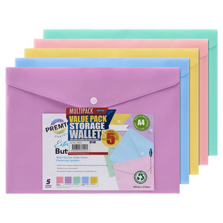 Premto Pastel Multipack | A4 Extra Durable Button Wallet - Pack of 5 | Stationery Shop UK