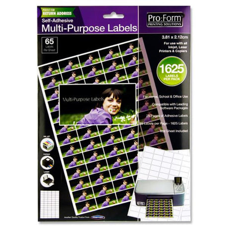 Pro:Form Self Adhesive Multi-Purpose Labels - 3.81x2.12cm - 65 Labels per Sheet - 25 Sheets | Stationery Shop UK