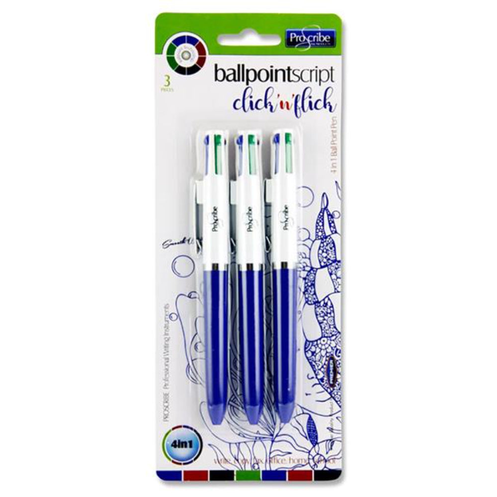 Pro:Scribe 4-in-1 Ballpoint Pens - Blue - Pack of 3 | Stationery Shop UK