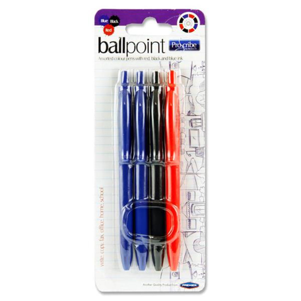Pro:Scribe Ballpoint Pens - Blue, Black, Red Ink - Pack of 4 | Stationery Shop UK