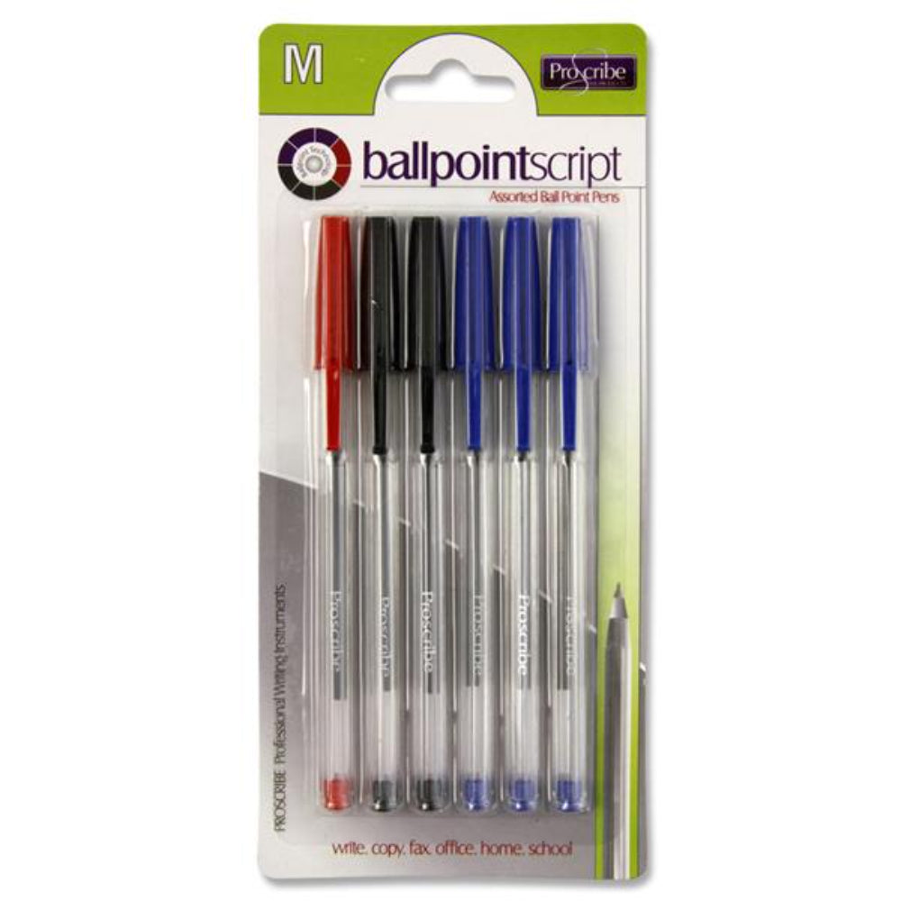 Pro:Scribe Ballpoint Pens - Blue, Red, Black Ink - Pack of 6 | Stationery Shop UK