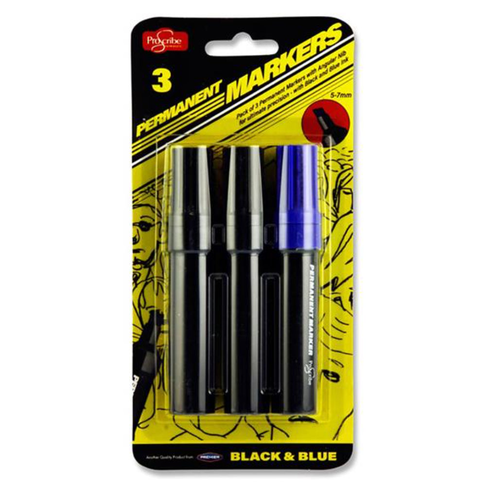 Pro:Scribe Chisel Tip Permanent Markers - Black & Blue - Pack of 3 | Stationery Shop UK