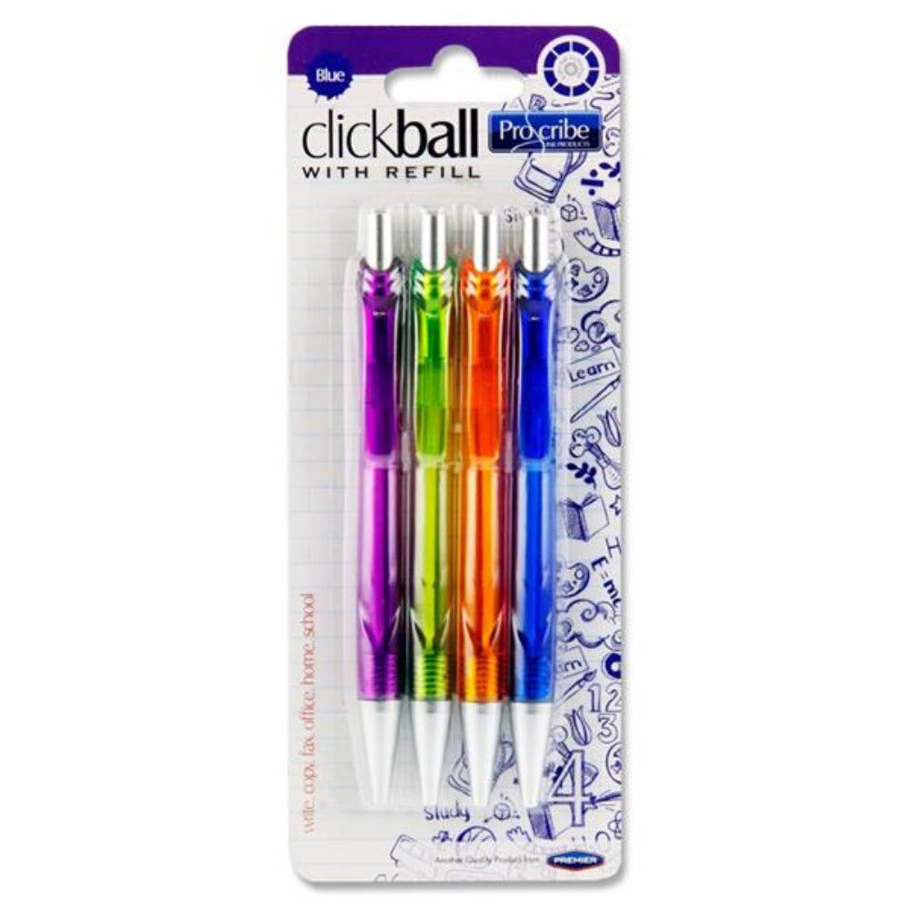 Pro:Scribe Clickball Ballpoint Pen with Refill - Blue Ink - Pack of 4-Ballpoint Pens-Pro:Scribe|StationeryShop.co.uk