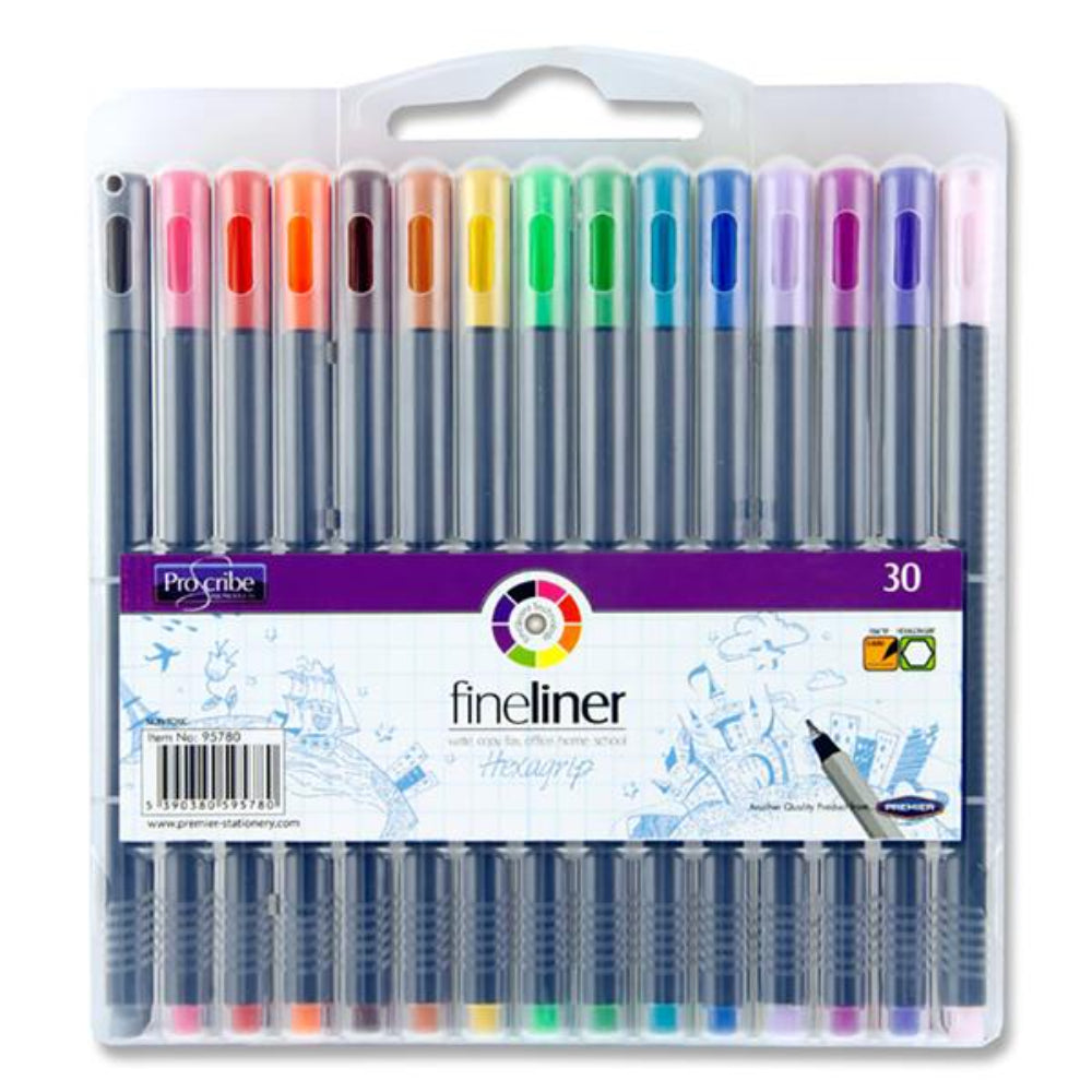 Pro:Scribe Hexagrip Fineliner Pens - Coloured - Box of 30 | Stationery Shop UK