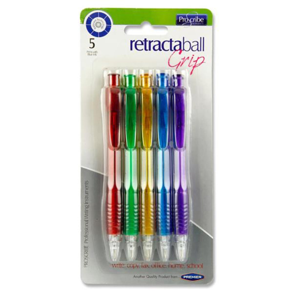Pro:Scribe Retractaball Ballpoint Pens - Blue Ink - Coloured - Pack of 5-Ballpoint Pens-Pro:Scribe|StationeryShop.co.uk
