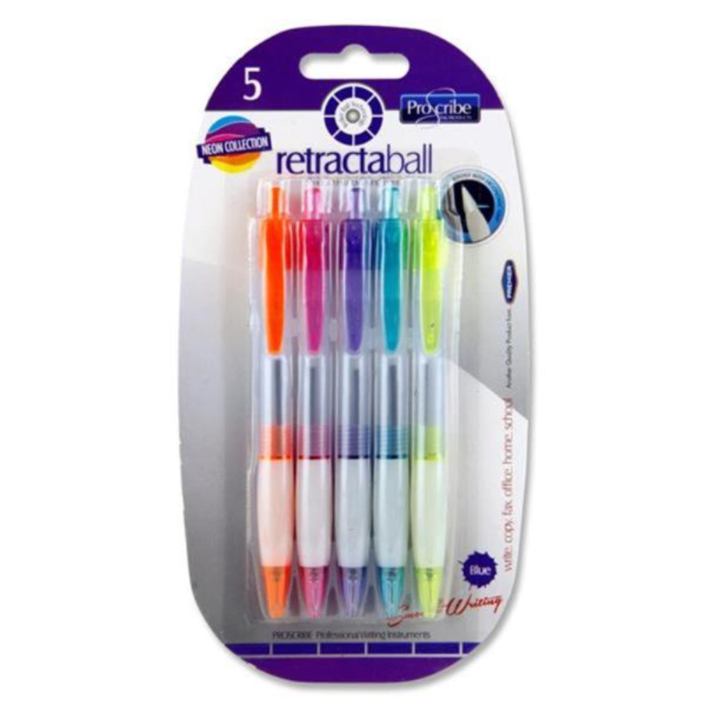 Pro:Scribe Retractaball Ballpoint Pens - Blue Ink - Neon Collection - Pack of 5-Ballpoint Pens-Pro:Scribe|StationeryShop.co.uk