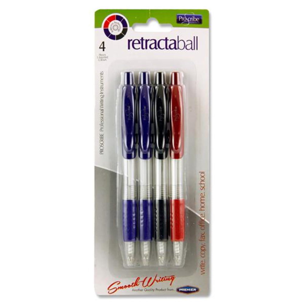 Pro:Scribe Retractaball Pens - Blue, Red, Black Ink - Pack of 4 | Stationery Shop UK