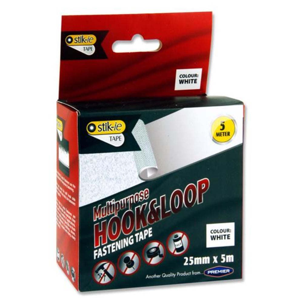 Stik-ie Multipurpose Hook & Loop Fastening Tape Roll - 5m x 25mm - White | Stationery Shop UK