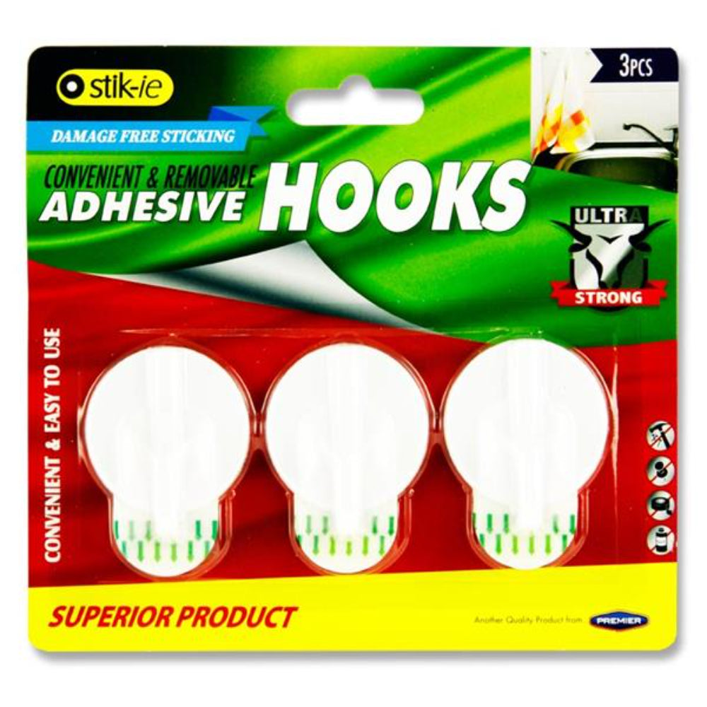 Stik-ie Removable Adhesive Plastic Hooks - 40X41mm - Pack of 3 | Stationery Shop UK
